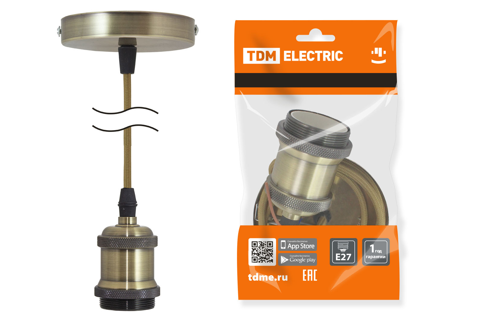 

Патрон TDM ELECTRIC Е27 с подвесом 1 м, металлический "Лофт", бронза SQ0335-0071