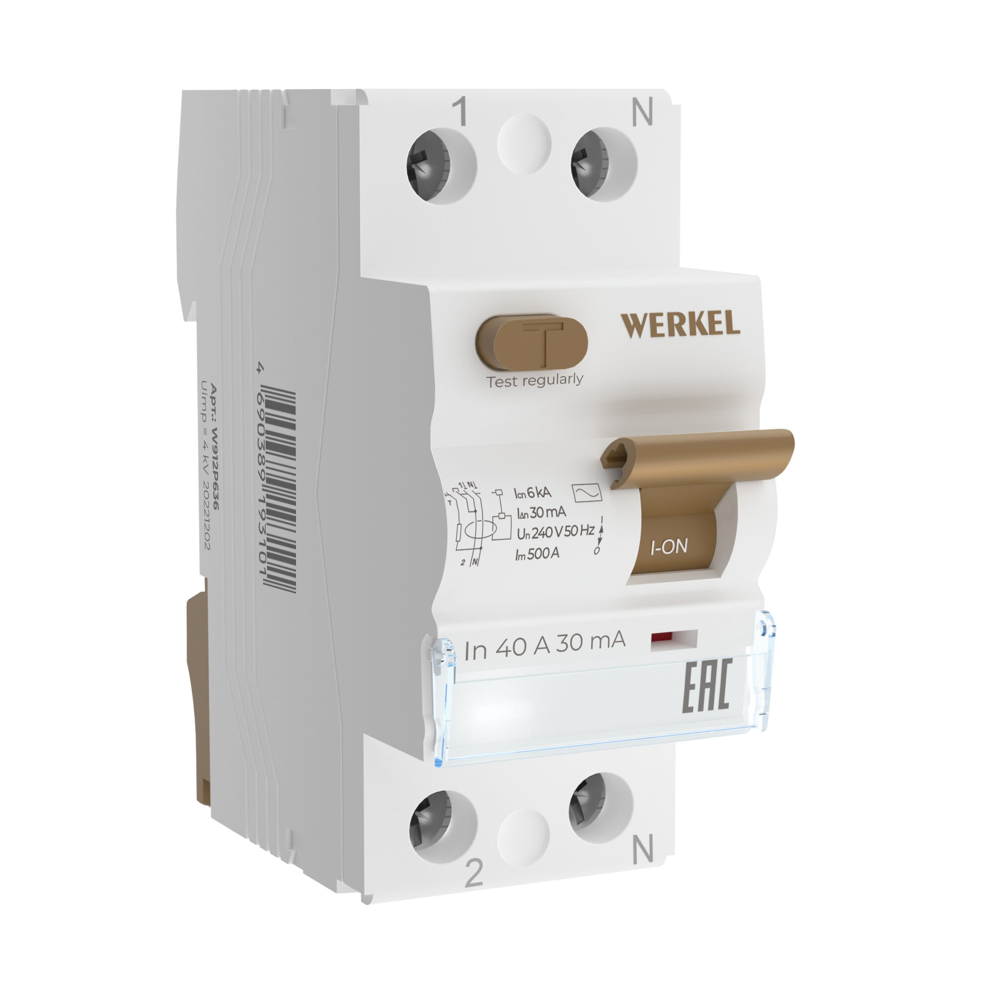 Устройство защитного отключения Werkel W912P406 1P+N 40 A 30 mА АС 6 kА (УЗО, ВДТ)