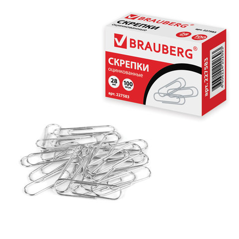 Скрепки Brauberg 28мм оцинкованные картонная упаковка 100шт 10 уп 227583 920₽