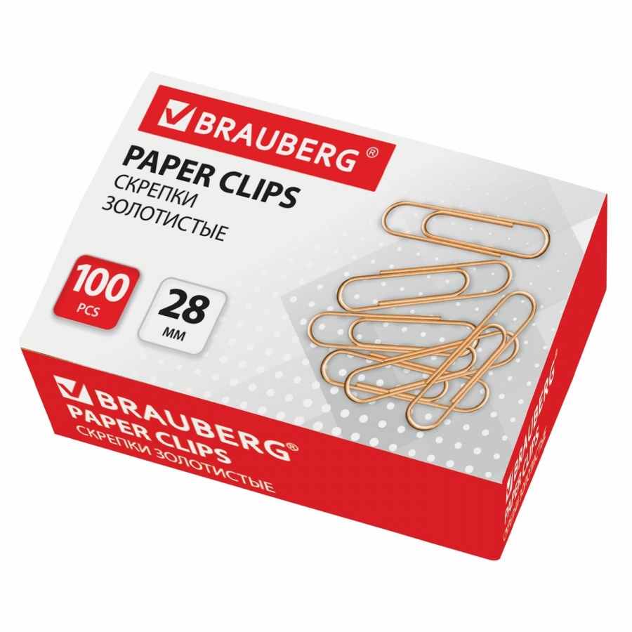 Скрепки Brauberg (28мм, золотистые) картонная упаковка, 100шт., 10 уп. (221529)