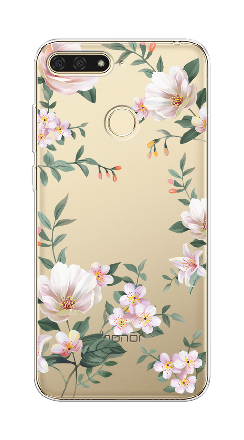 

Чехол на Honor 7C/7A Pro/Huawei Y6 Prime 2018 "Beautiful white flowers", Бежевый;зеленый, 64550-1