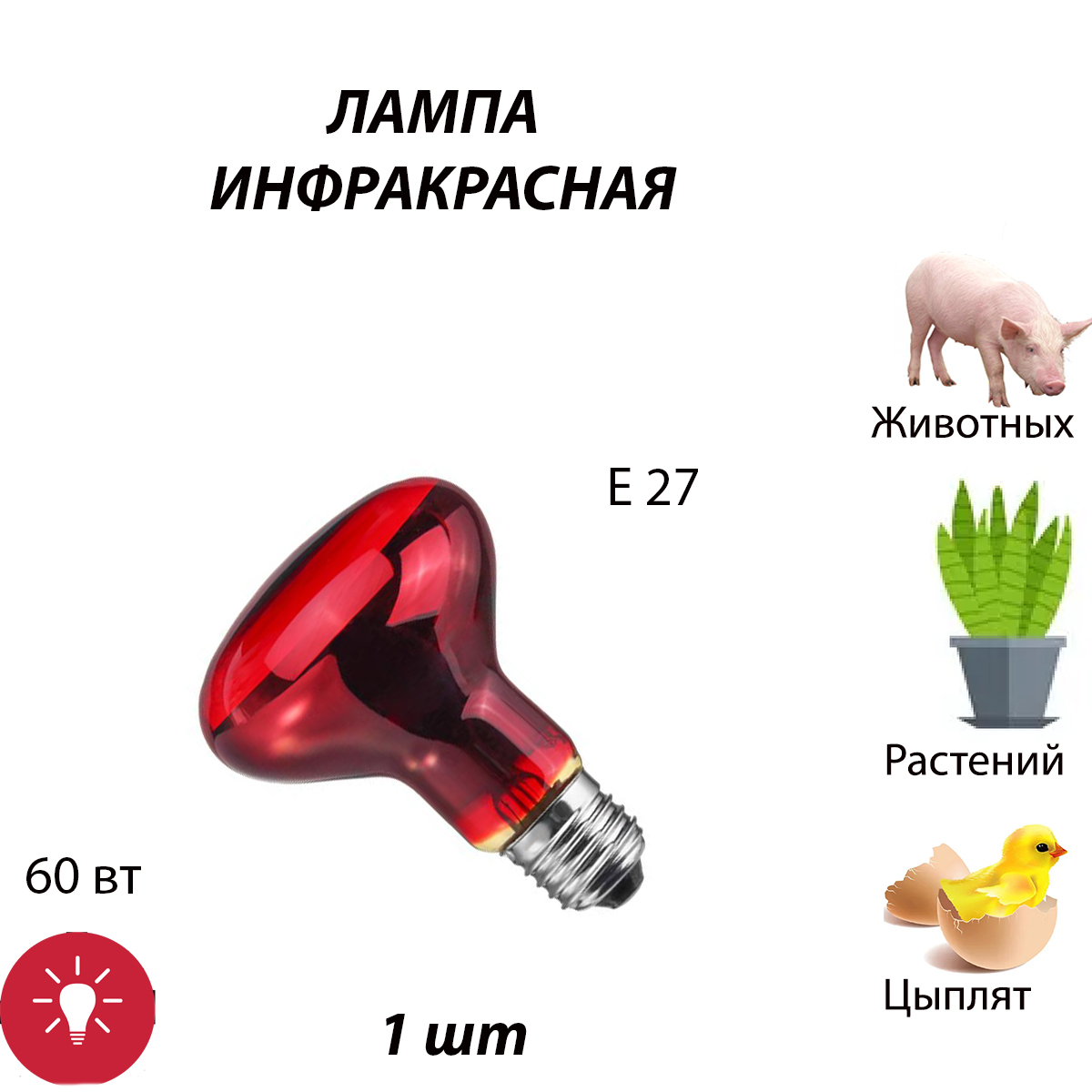 

Лампа для террариума инфракрасная, 60 Вт Е27, 1 шт