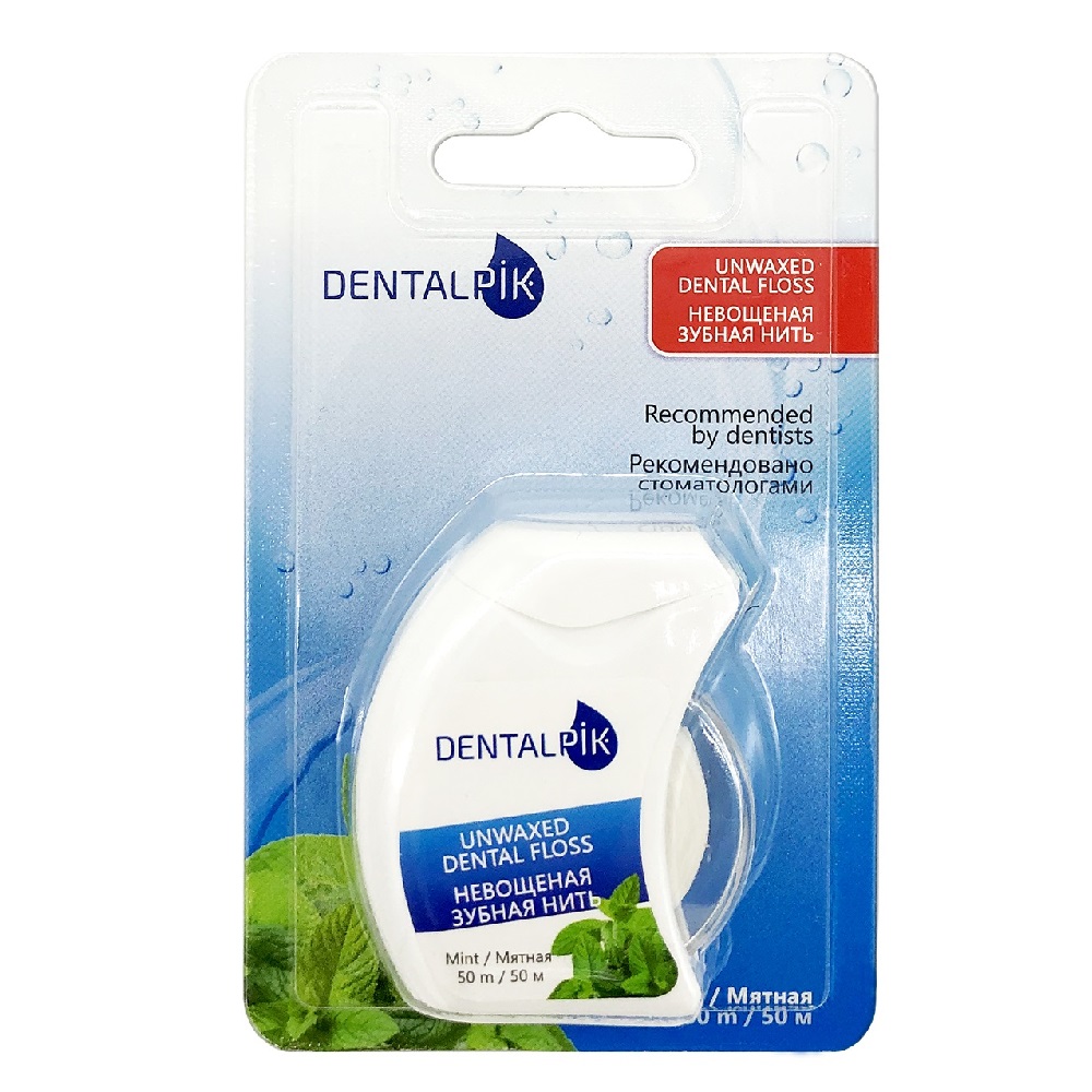 Зубная нить мятная Dentalpik Floss Mint Unwaxed (не вощеная), 50 м