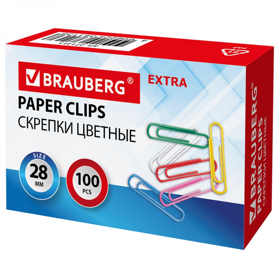 

Скрепки Brauberg Extra (28мм, металлические, цветные) 100шт., 10 уп. (271313)