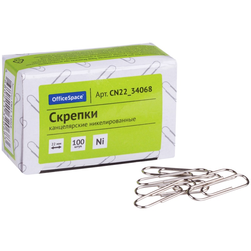 Скрепки OfficeSpace (22мм, никелированные) картонная упаковка, 100шт. (CN22_34068), 10 уп.