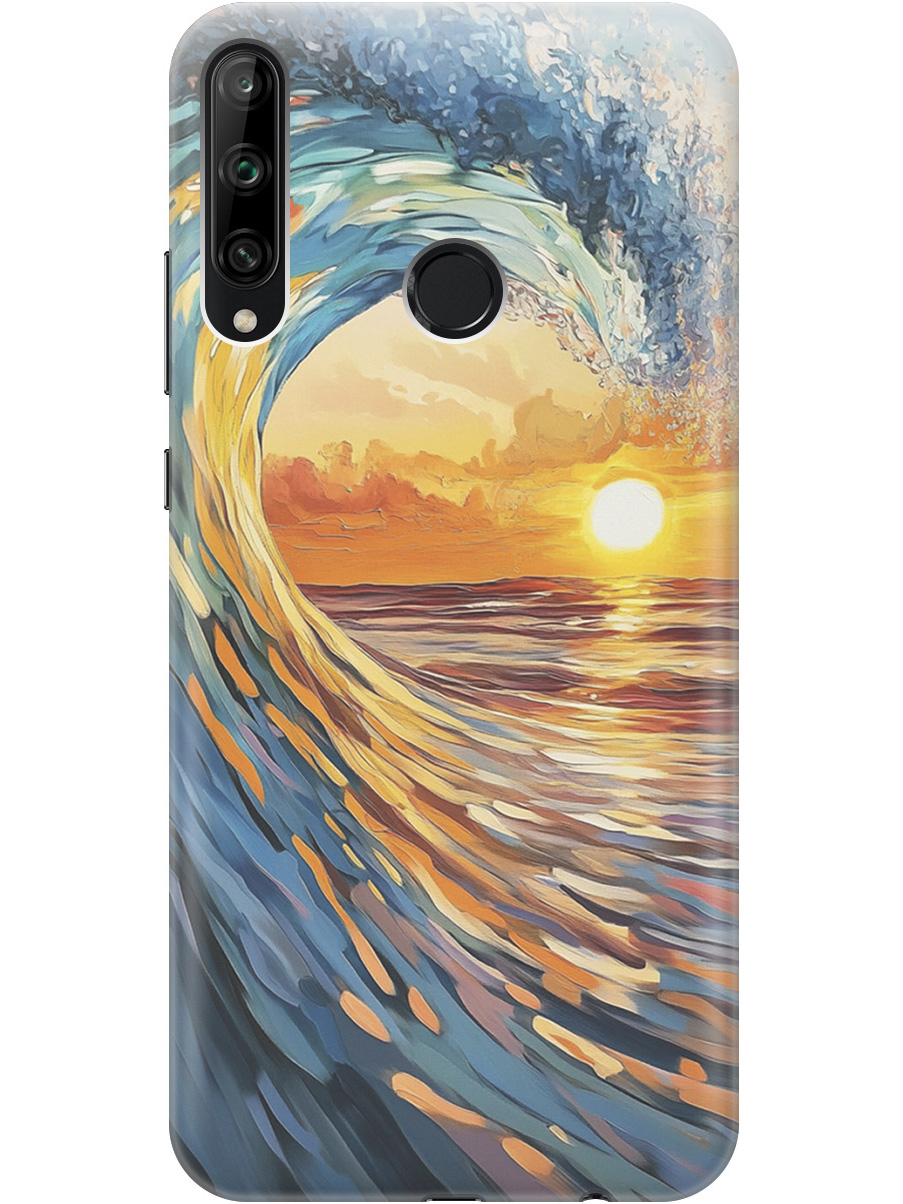 

Силиконовый чехол на Honor 9C, Huawei P40 Lite E с принтом "Волна и закат", Прозрачный;желтый;синий, 722946241