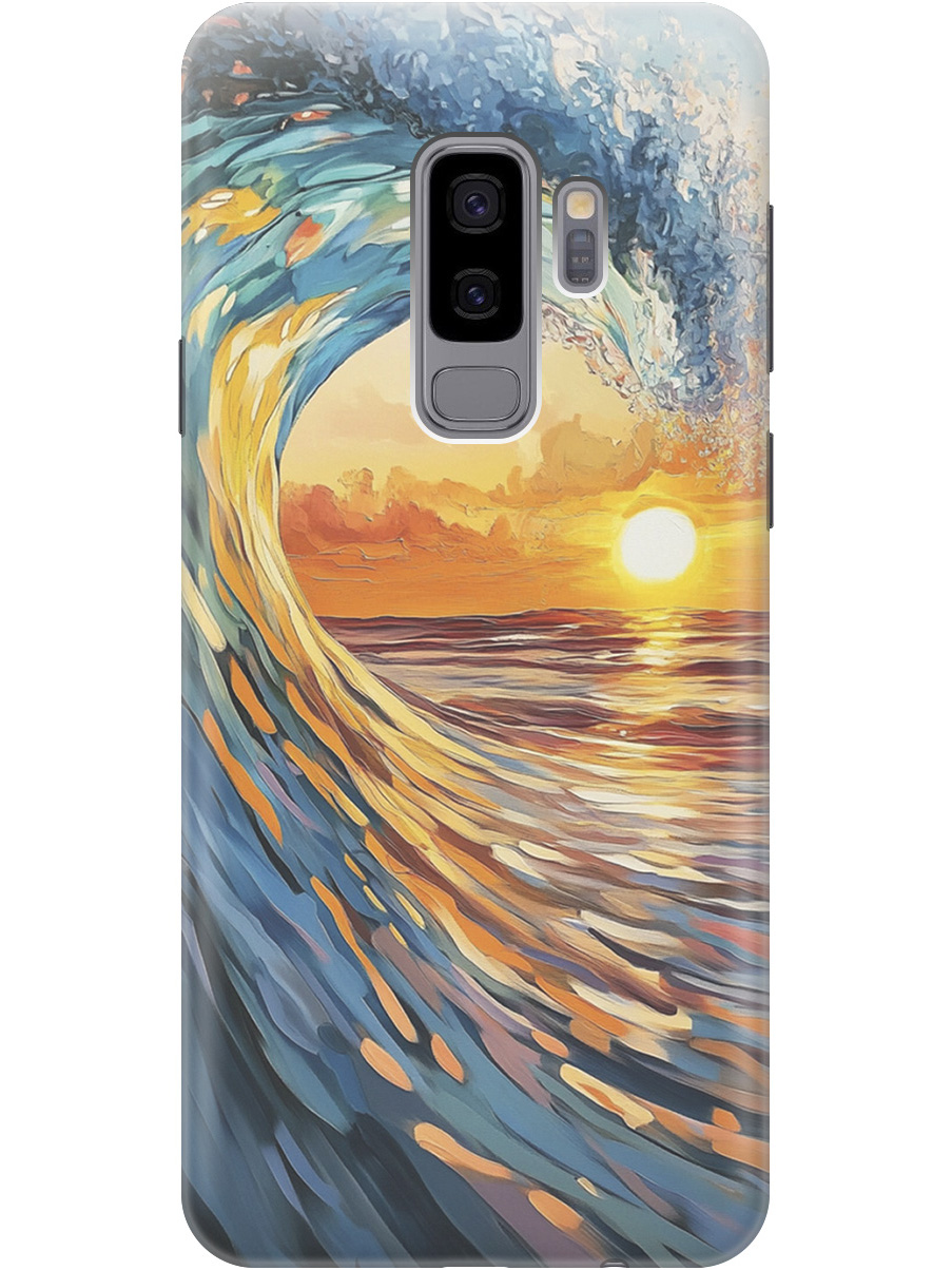 

Силиконовый чехол на Samsung Galaxy S9+ с принтом "Волна и закат", Прозрачный;желтый;синий, 717439341