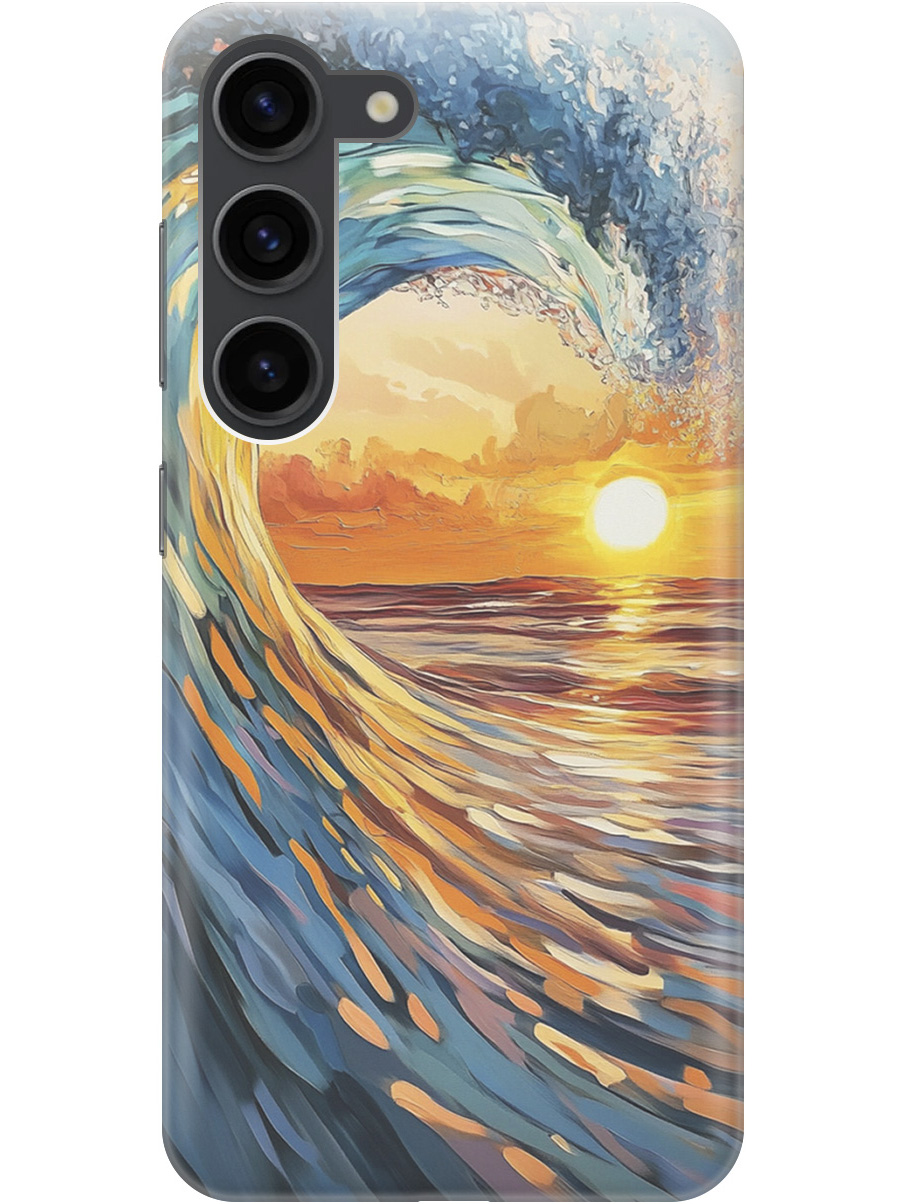 

Силиконовый чехол на Samsung Galaxy S23 с принтом "Волна и закат", Прозрачный;желтый;синий, 767959541