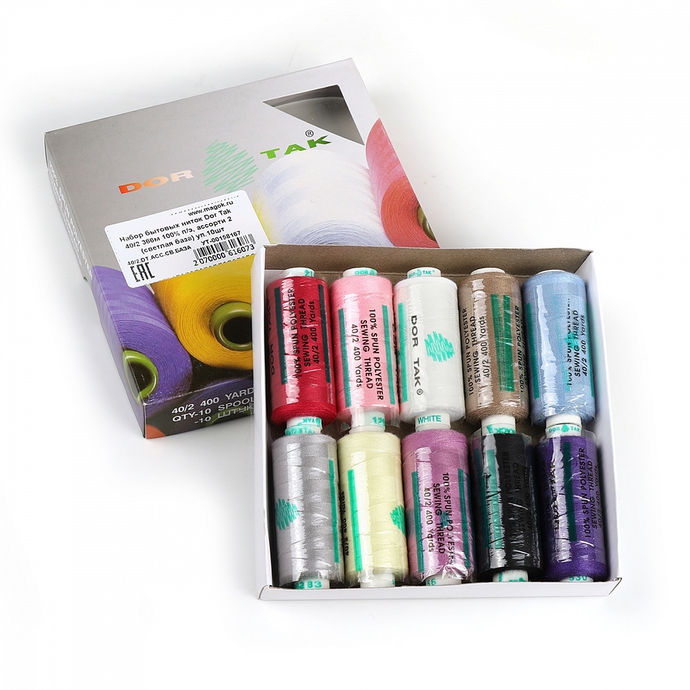 

Набор бытовых ниток Dor Tak 40/2 366м 100% п/э, ассорти 2 (светлая база) уп.10шт, Разноцветный, 40/2, 366 м, ассорти 2, светлая база, 10 шт