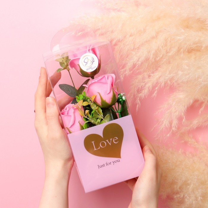 Мыльные розы в коробке Secret Beauty розовые, набор 3 шт открытка с днём рождения конгрев тиснение розовые розы 12 5х19 5 см