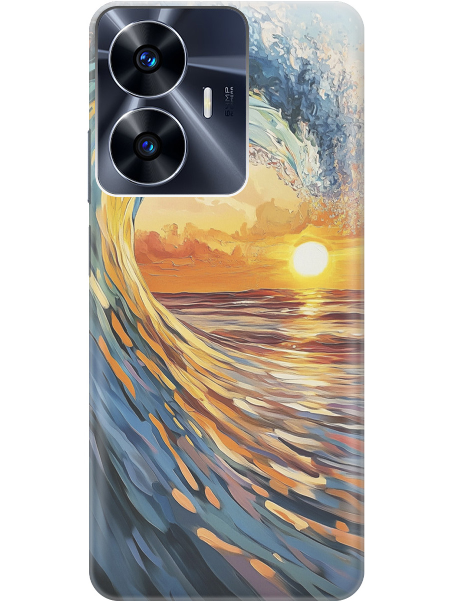 

Силиконовый чехол на Realme C55 с принтом "Волна и закат", Прозрачный;желтый;синий, 768742741