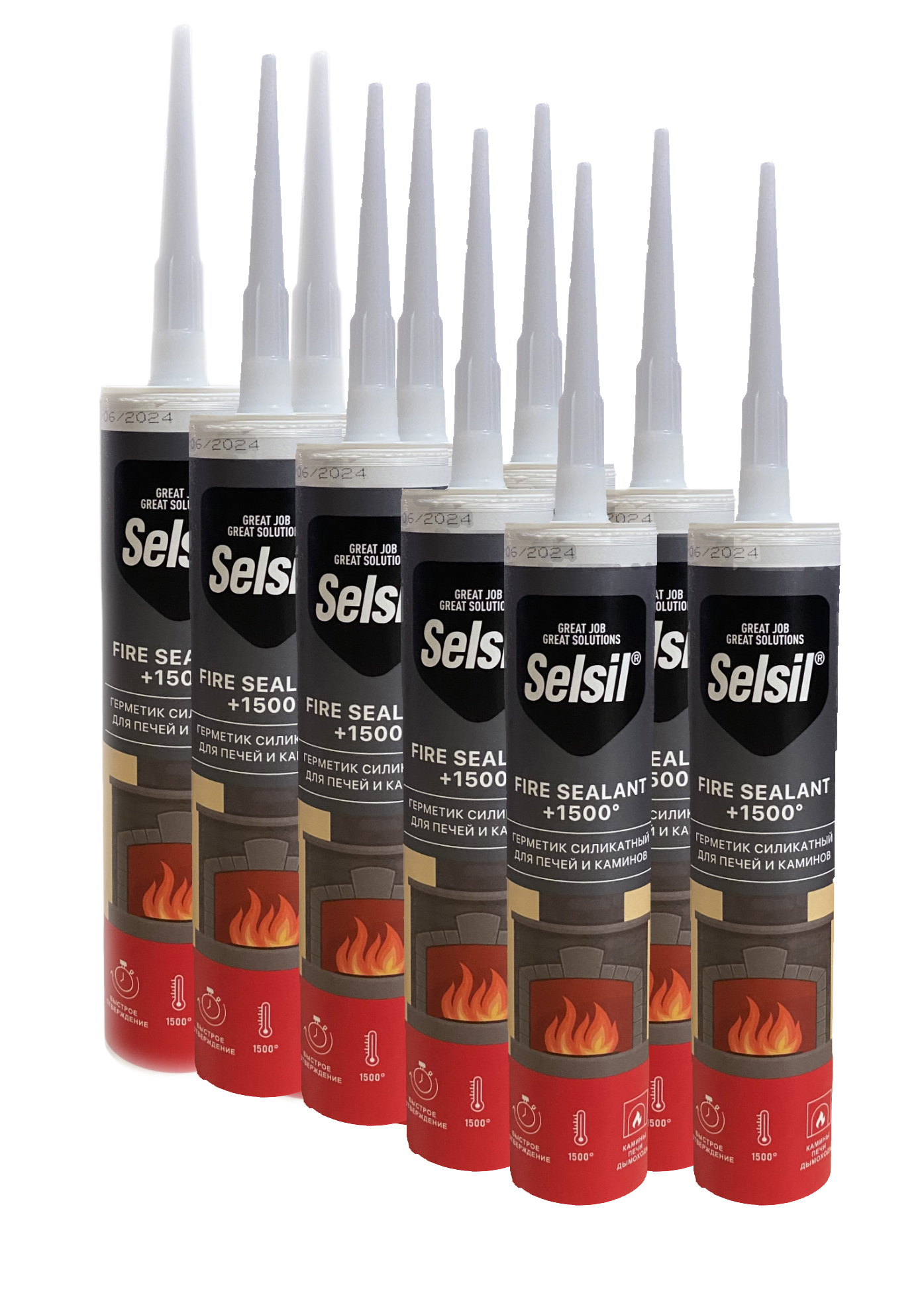 Герметик SelSil Fire Sealant 1500С для печей и каминов 280 мл. Черный - 10 шт. + пистолет