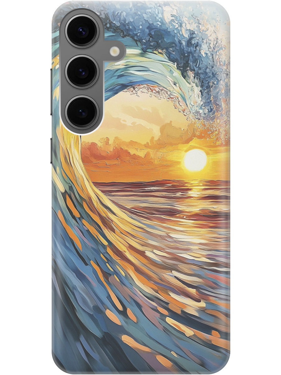 

Силиконовый чехол на Samsung Galaxy S24+ с принтом "Волна и закат", Прозрачный;желтый;синий, 779824641