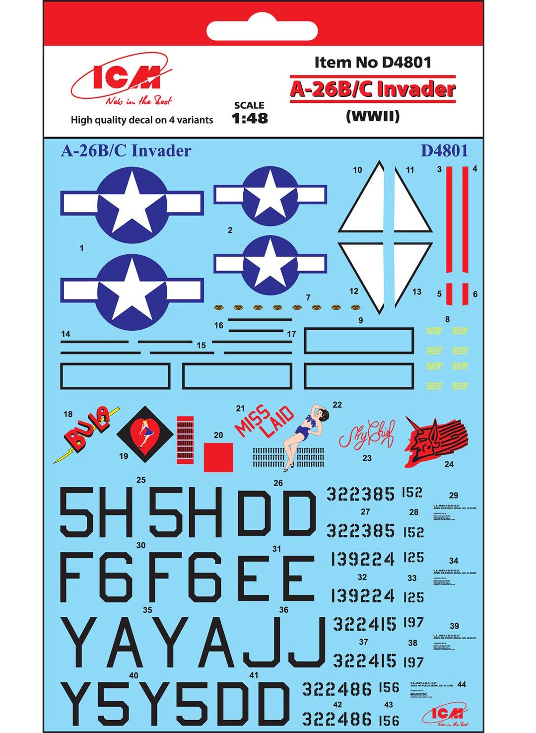 

D4801 ICM 1/48 Декаль для A-26B/C Invader (WWII), Цветной, D4801