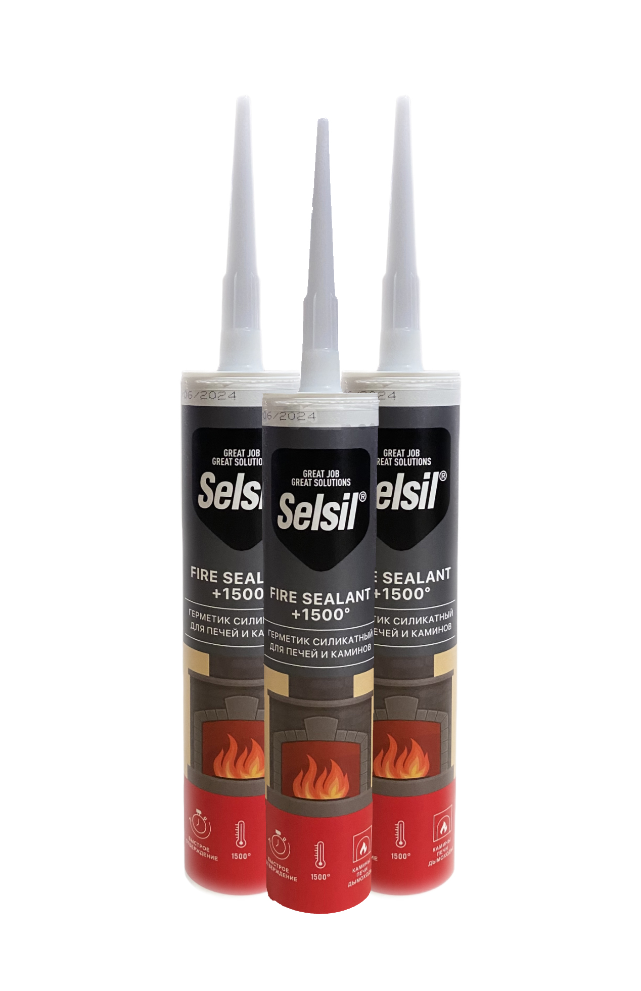 Герметик SelSil Fire Sealant 1500С для печей и каминов 280 мл. Черный - 3 шт. + пистолет