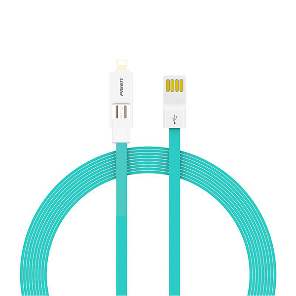 фото Кабель usb 2 в 1 iphone lightning + microusb pisen al04 плоский <синий>