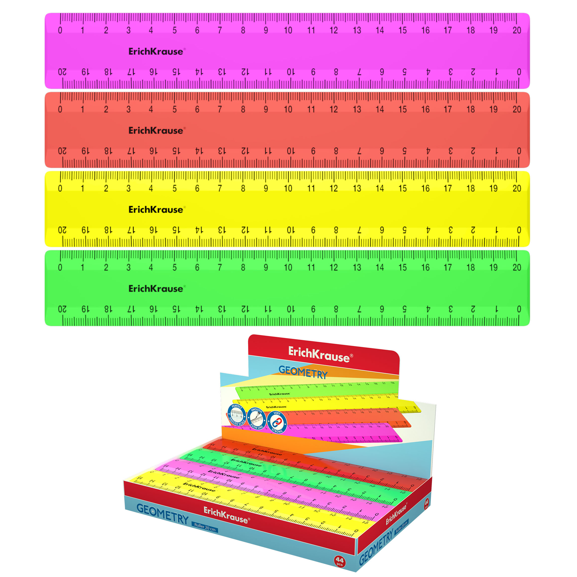 

Линейка пластиковая Erich Krause Neon Solid, 20 см, Розовый;желтый;оранжевый;зеленый