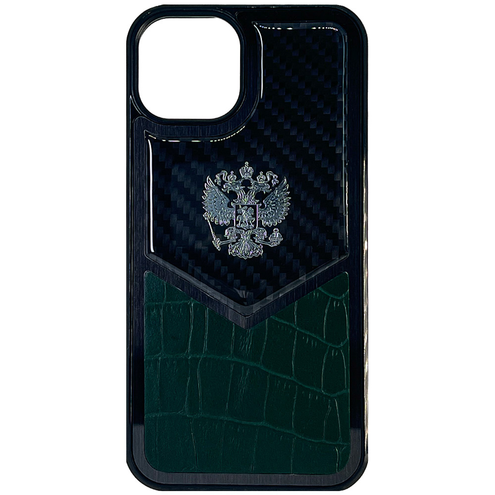 фото Чехол с гербом рф кожа-карбон igrape delta для iphone 13, зеленый