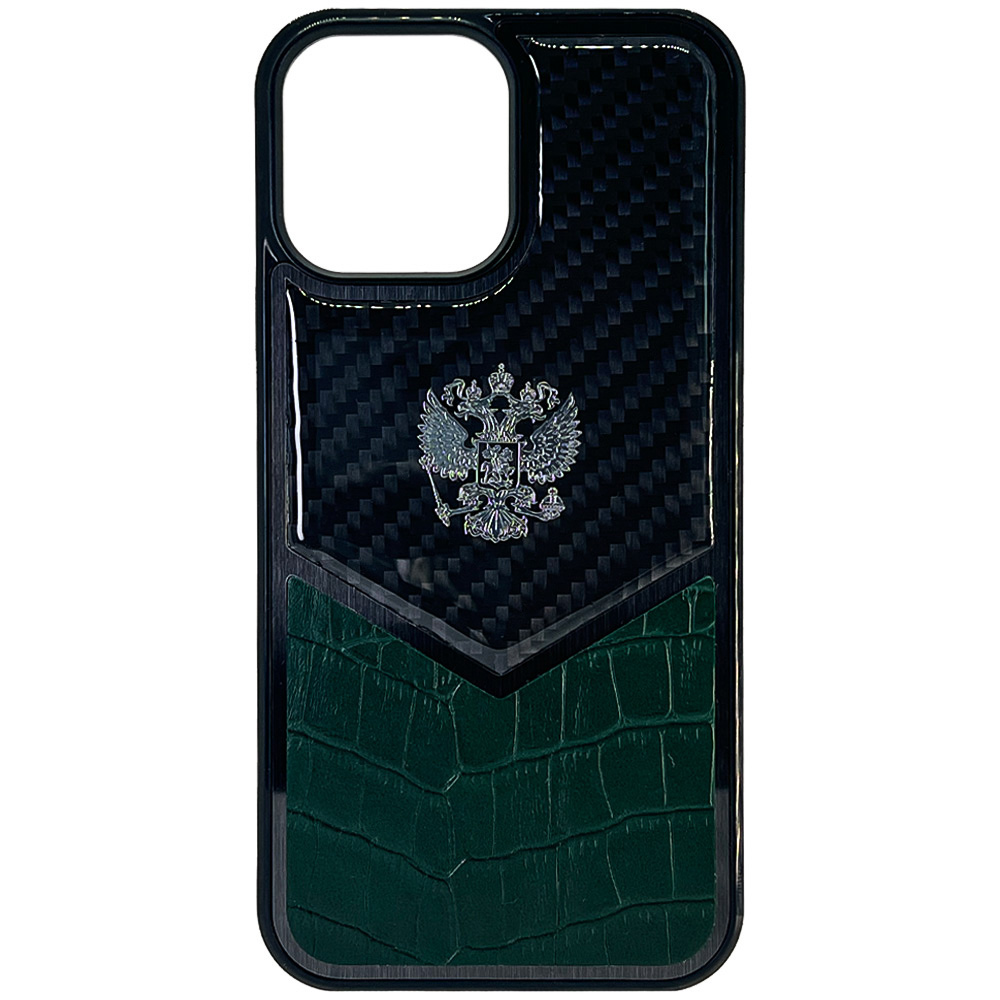 фото Чехол с гербом рф кожа-карбон igrape delta для iphone 13 pro, зеленый