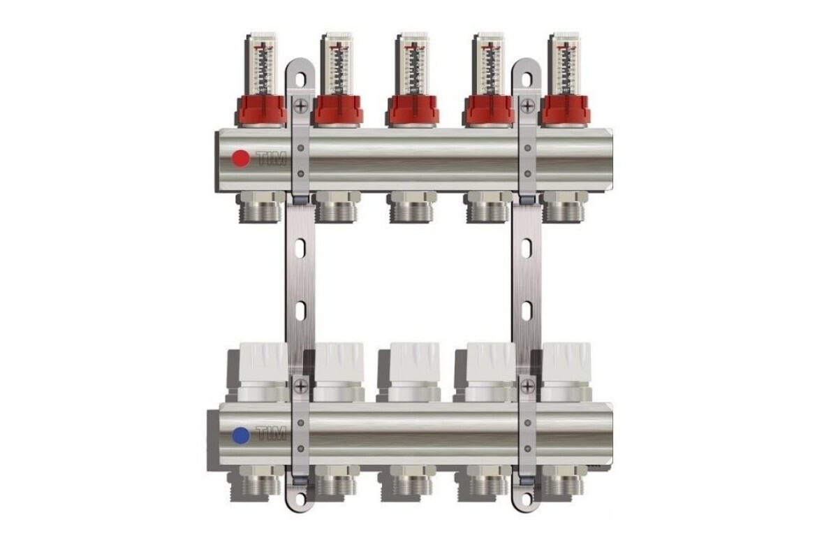 Коллекторная группа TIM KD005 с расходомерами никелированная латунь 5 вых.