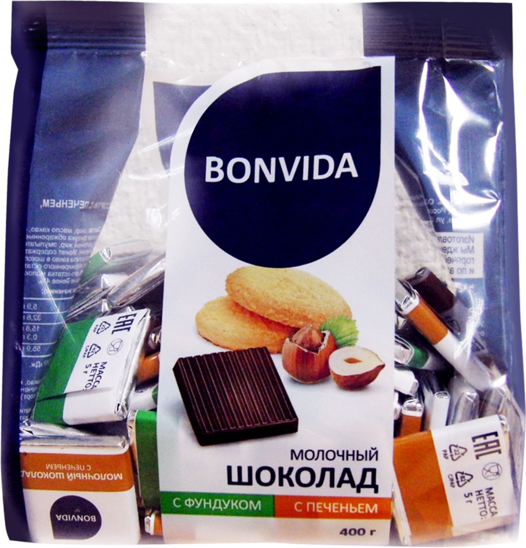 Шоколад Bonvida молочный с фундуком и печеньем 400 г