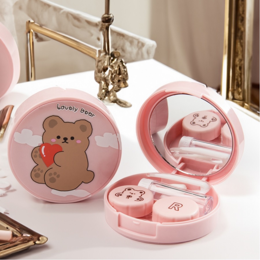 Контейнер для контактных линз Забавные мишки LOVELY BEAR набор 5 в 1 с зеркалом, розовый