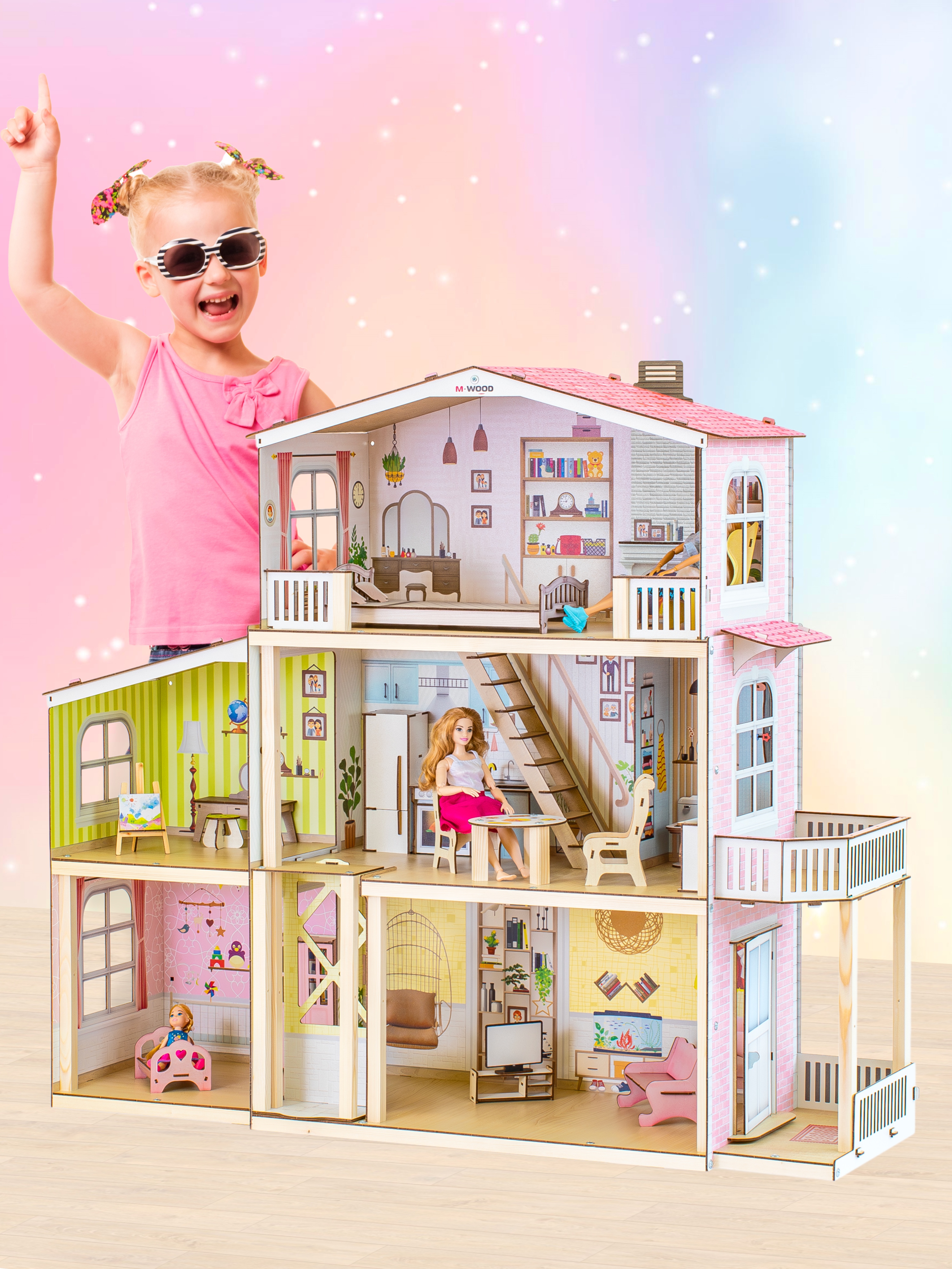 Кукольный домик M-Wood Веселый домик белый зеленый оранжевый розовый 95 см