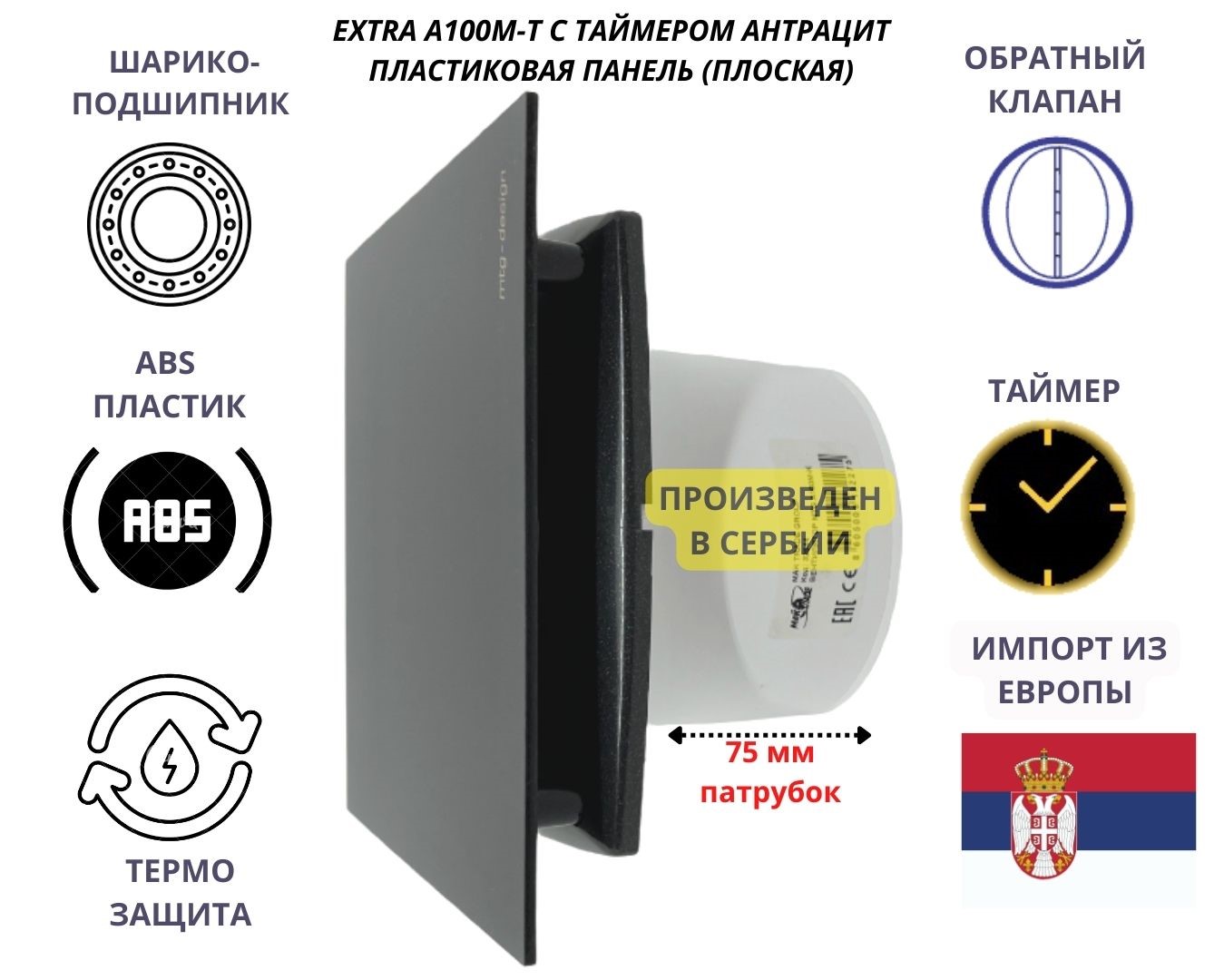 Вентилятор MTG 100M-T с таймером D100мм и плоской пластиковой панелью антрацит IP-100M-T+PL-PVC-antracit белый