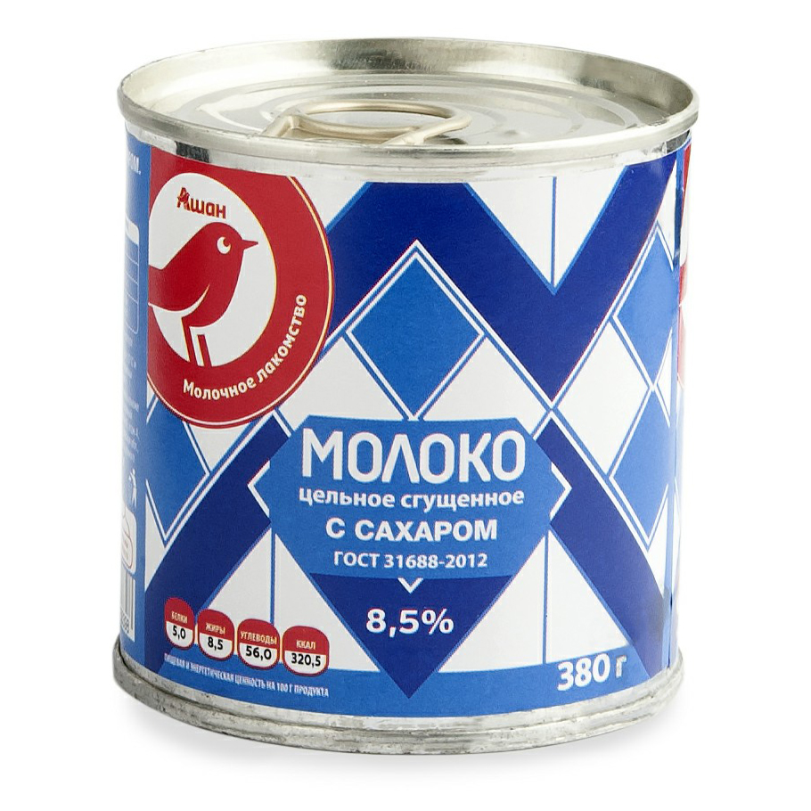 Сгущенное молоко АШАН Красная птица цельное с сахаром 8,5% БЗМЖ 380 г