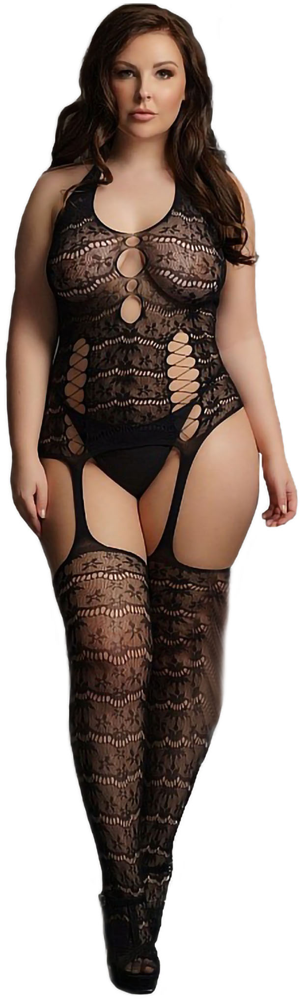 фото Непрозрачный боди-комбинезон shots media bv lace suspender bodystocking черный xl-3xl