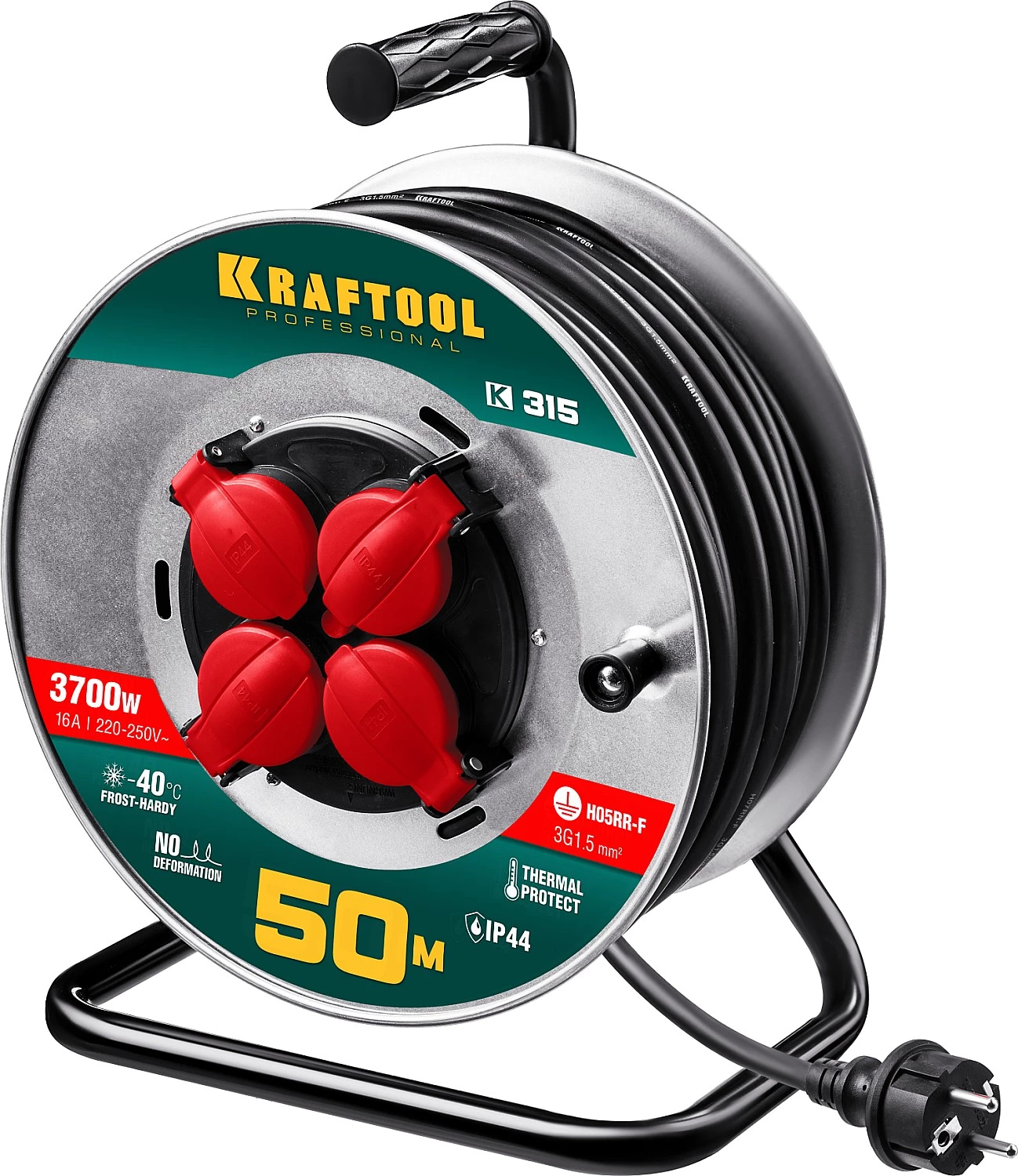 

Удлинитель на катушке KRAFTOOL КГ-315 50 м 3700Вт 4 гнезда IP44 КГ 3х1.5 мм 55085-50