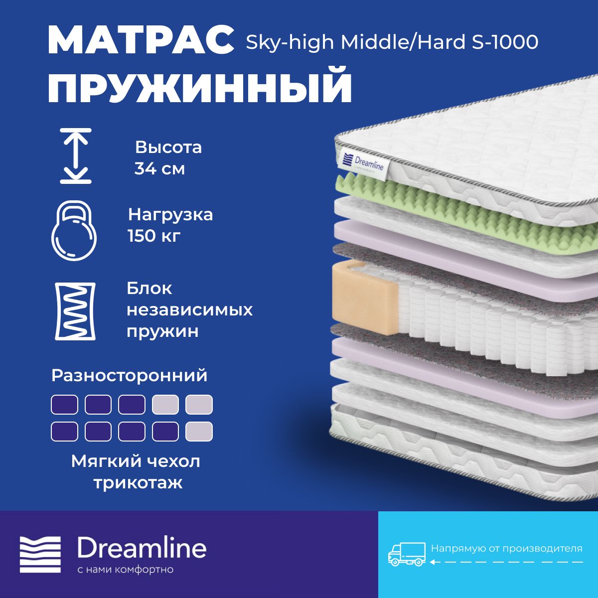 

Матрас Dreamline Sky-high Middle/Hard S1000 независимые пружины 160x200 см, Белый, Sky-high Middle/Hard S1000