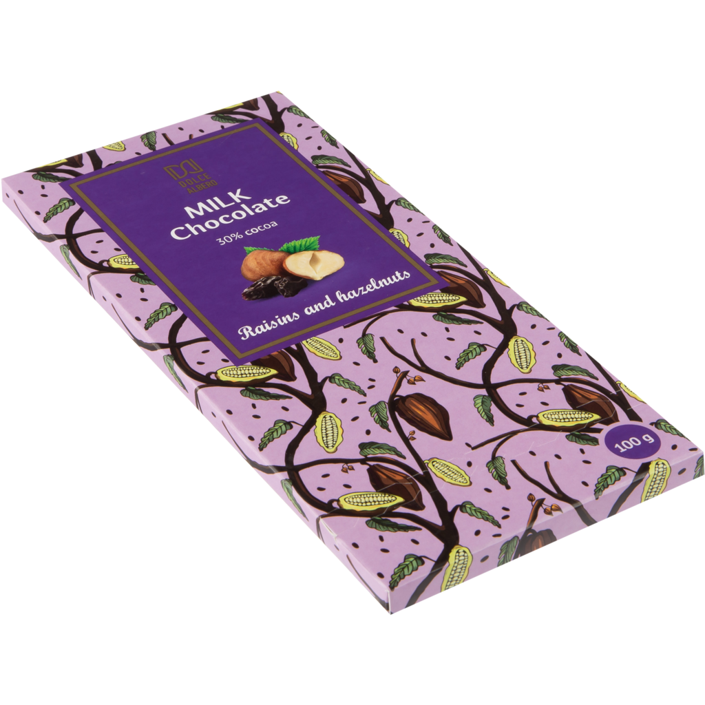 

Шоколад Dolce Albero молочный с фундуком и изюмом 100 г