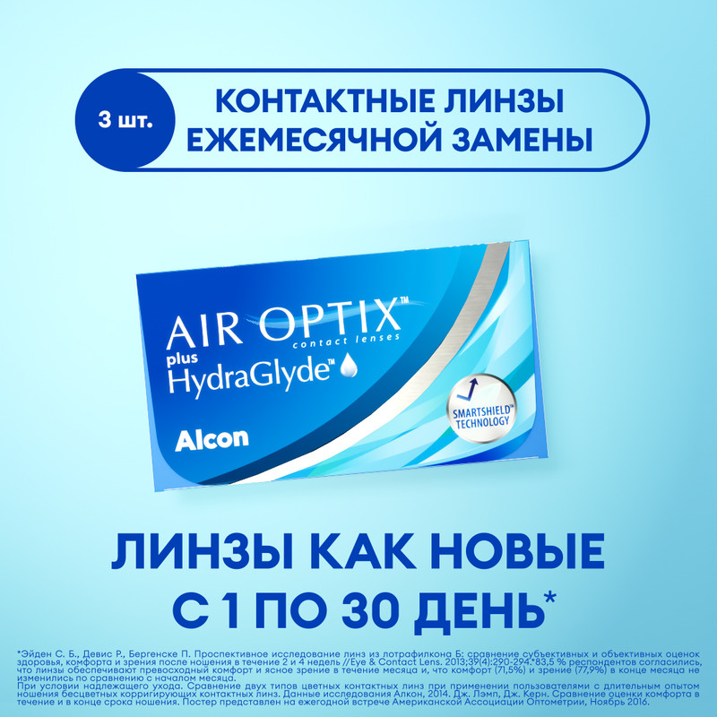 Контактные линзы ALCON, Air Optix Plus Hydraglyde, ежемесячные, -11.00 / 8.6, 3 шт.