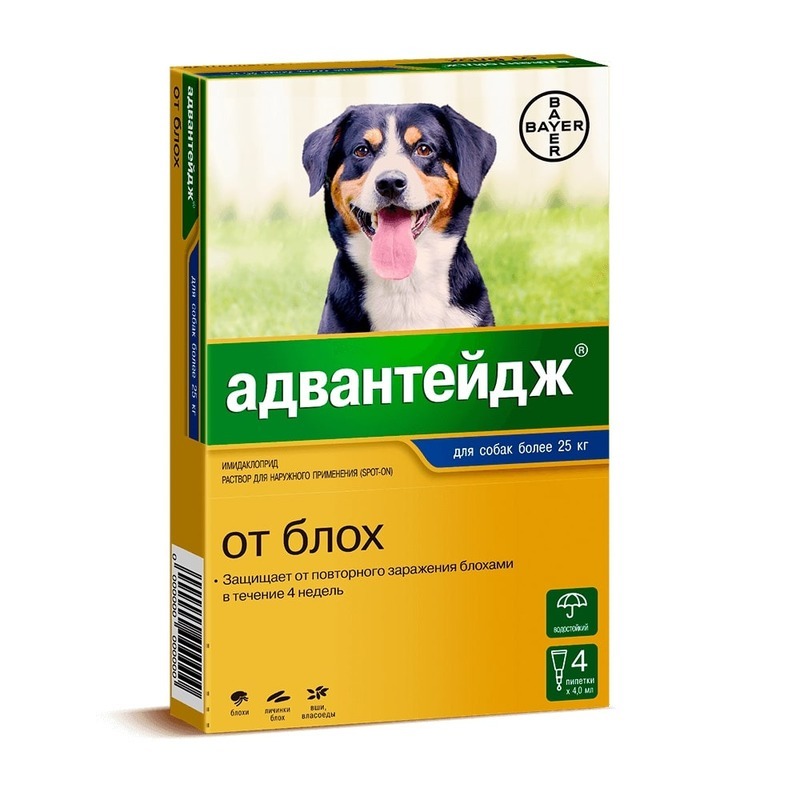 Капли от блох и вшей для собак Bayer Адвантейдж, массой более 25 кг, 4 мл, 4 пипетки