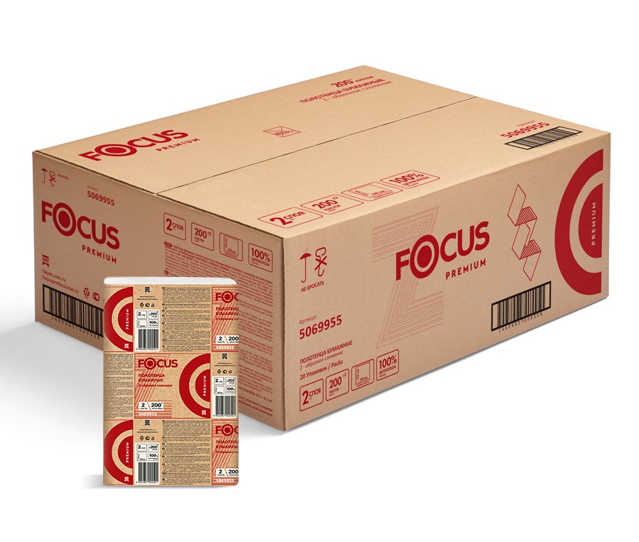Бумажные полотенца Z-сложения 2 слоя Focus Premium 5069955 20 пачек по 200 листов