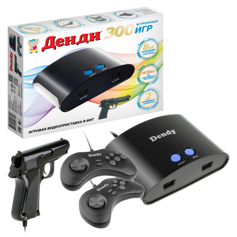 

Игровая приставка Dendy 8-бит Dendy 300 игр + световой пистолет, Черный, D-G-300
