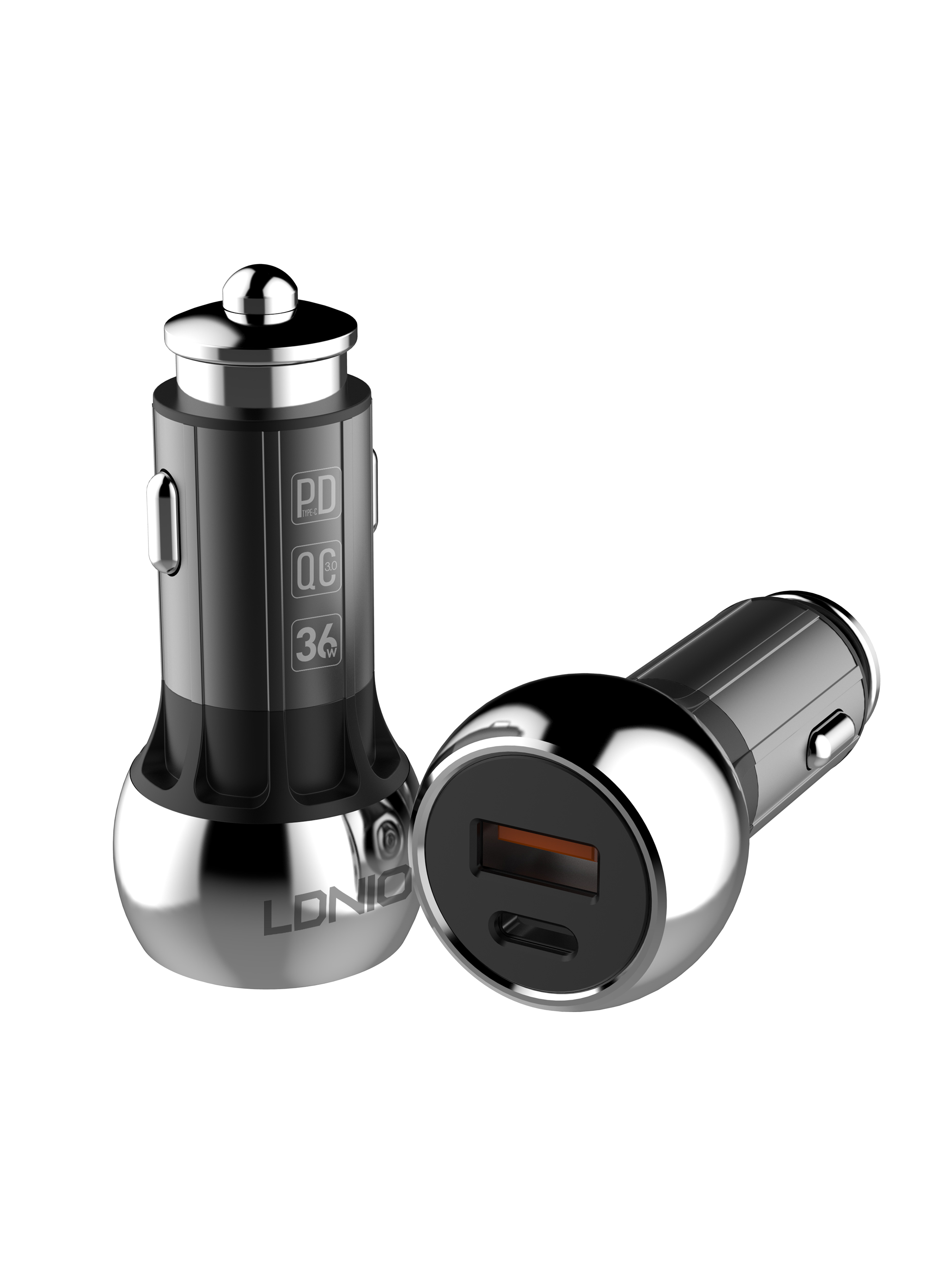 фото Авто зу ldnio c1 + кабель type-c pd + qc 3.0 2 usb auto-id 5v_9v_12v, 36w black&silver