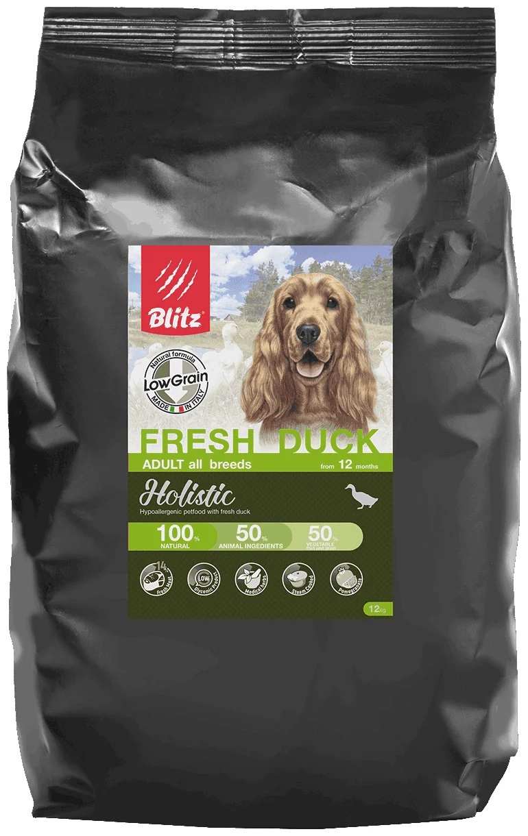 

Сухой для собак Blitz Holistic, все породы, низкозерновой, свежая утка, 12кг, Holistic