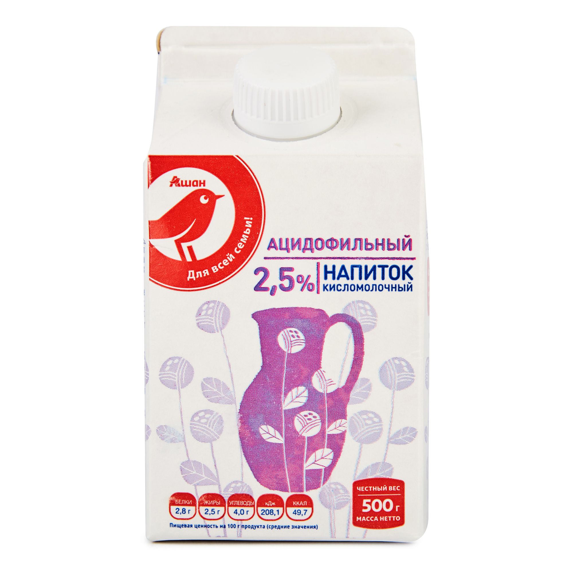 Ацидофильный напиток АШАН Красная птица 2,5% БЗМЖ 500 мл