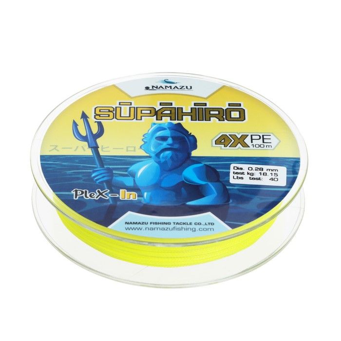 

Шнур плетеный Namazu Supahiro 4Х, L-100 м, d-0.28 мм, тест-18.15 кг, желтый, Supahiro