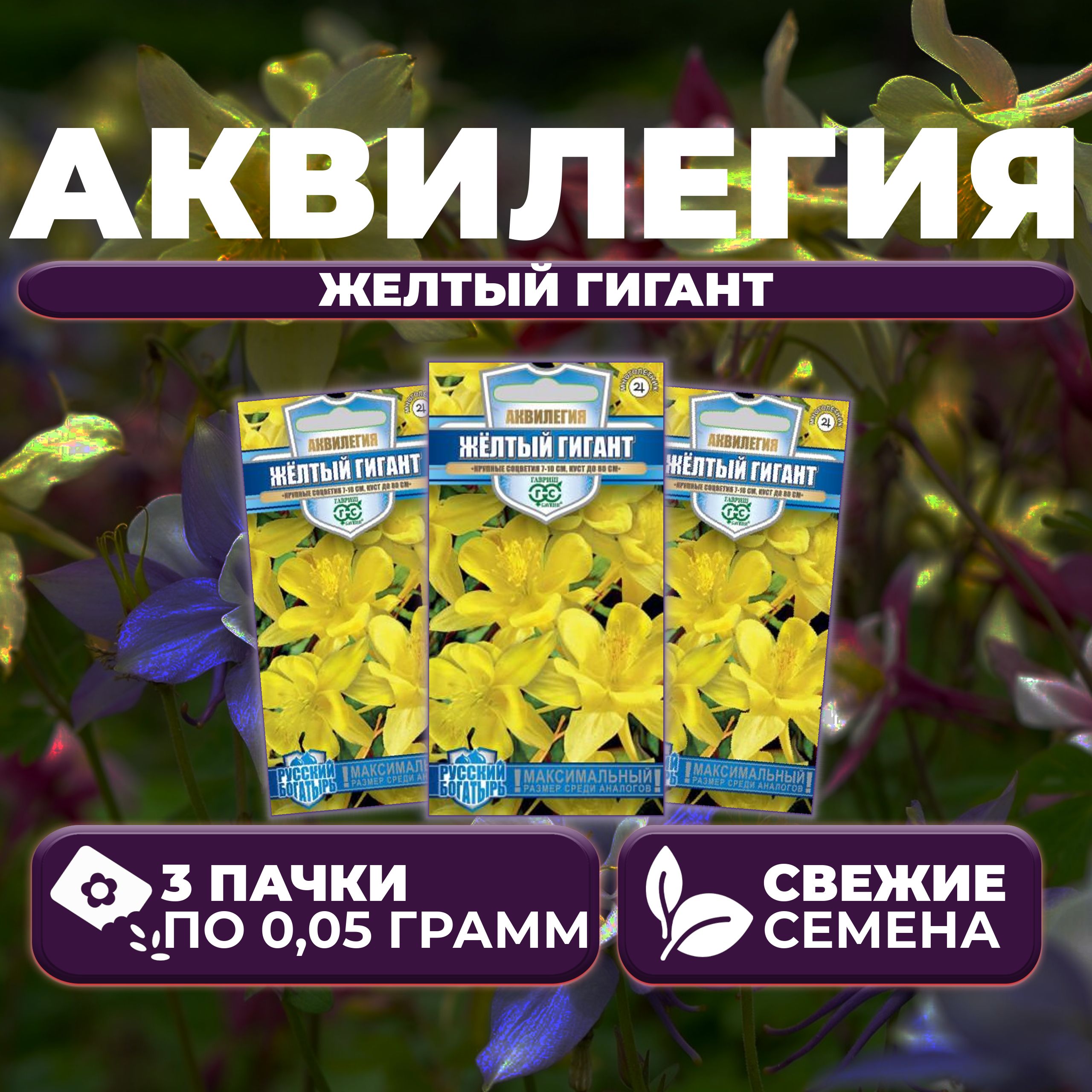 

Семена Аквилегия Желтый гигант, 0,05г, Гавриш, Русский богатырь 3 уп
