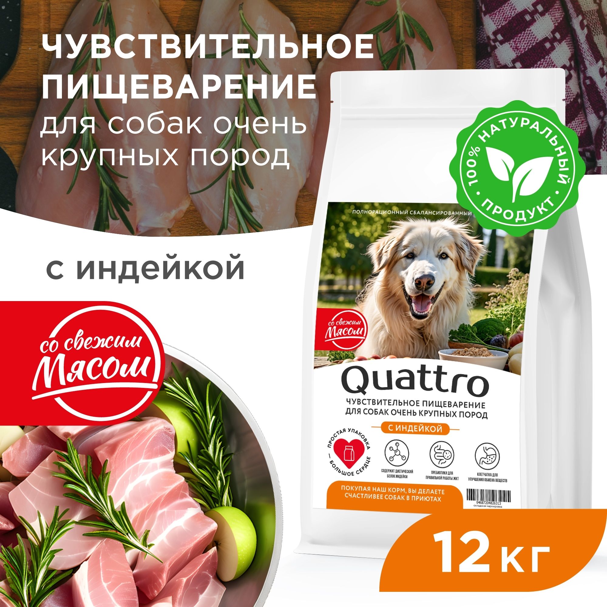 

Сухой корм для собак QUATTRO, Большие породы премиум, для пищеварения, индейка, 12 кг