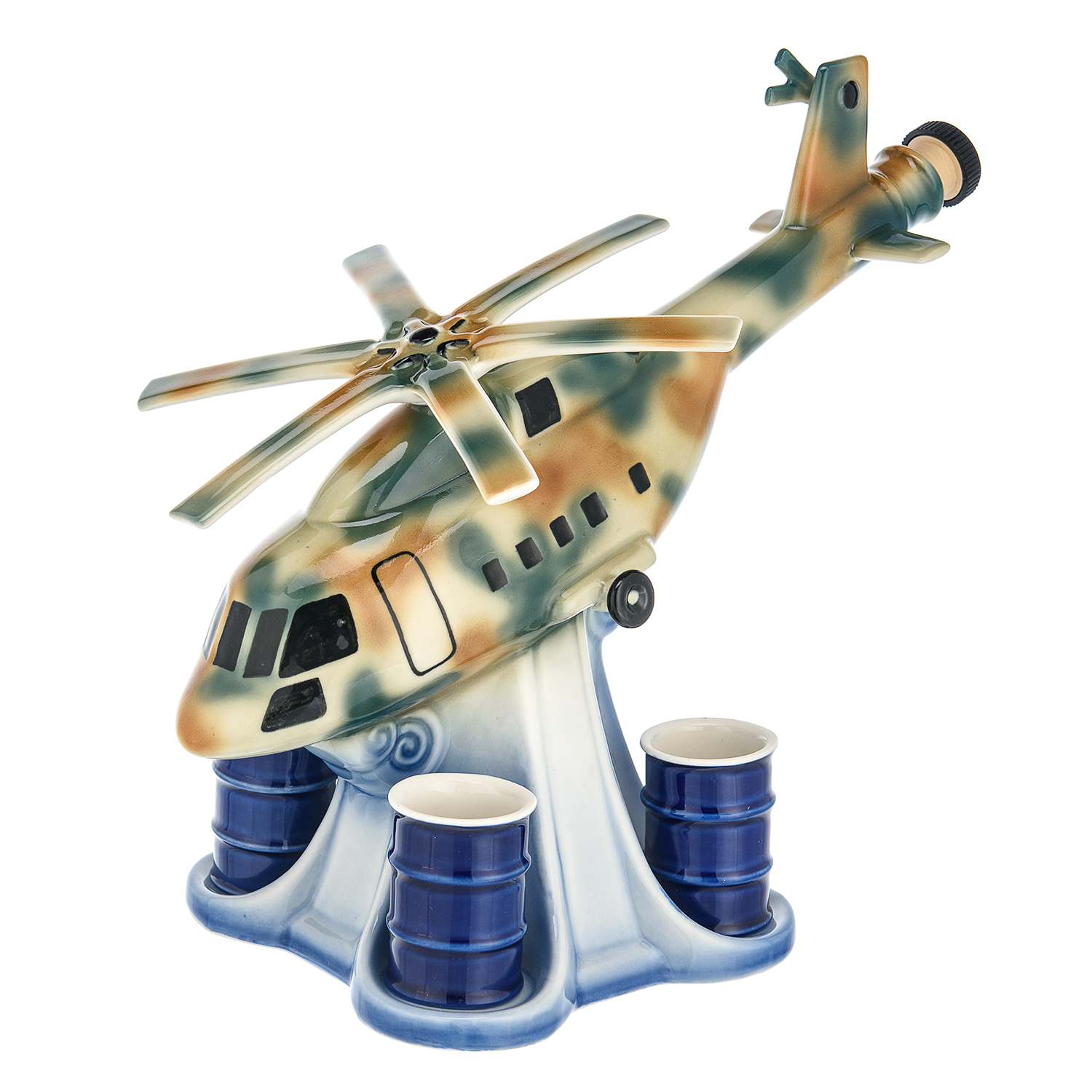 

Штоф фарфоровый "Вертолет" со стопками. Гжель, Белый;синий