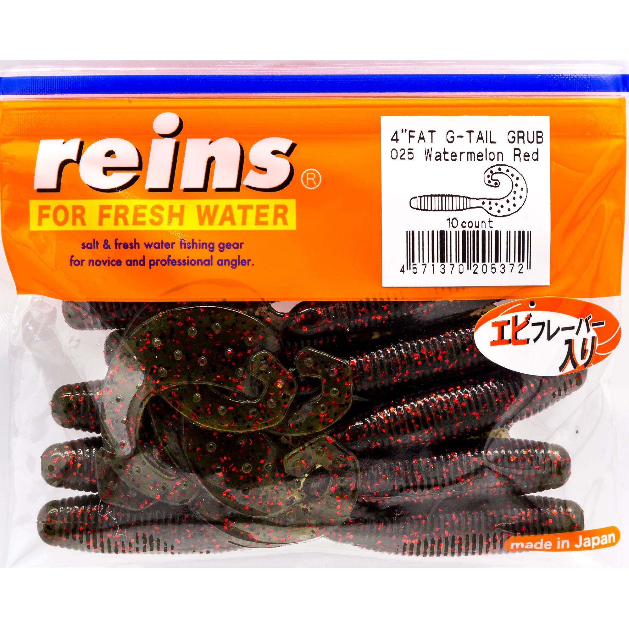 

Силиконовая приманка Reins Fat Gtail Grub 105 мм цвет 025 Watermelon Red 10 шт, Fat Gtail Grub