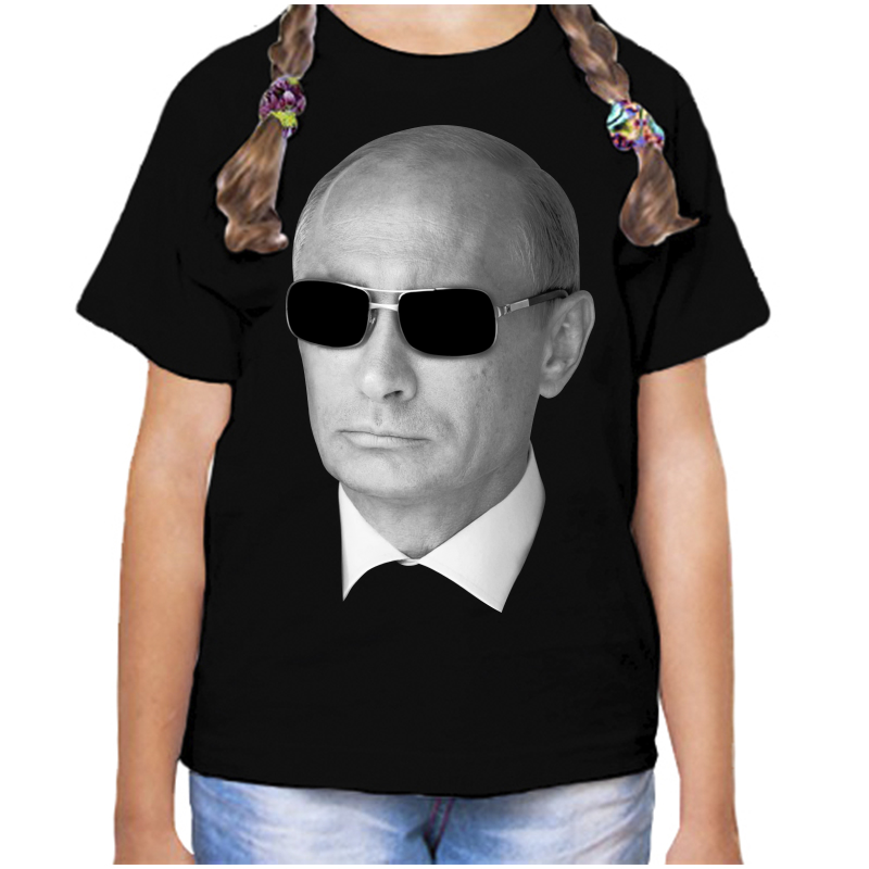 Футболка девочке черная 32 р-р с Путиным в очках