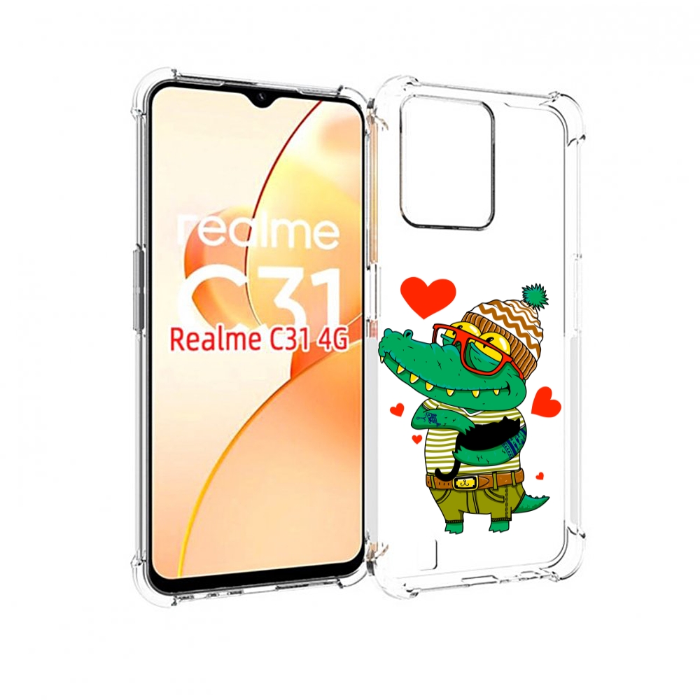 Чехол MyPads зеленый-крокодильчик-в-красной-оправе для OPPO Realme C31