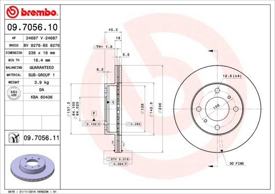 

Тормозной диск brembo передний вентилируемый 236x18 мм 4 отверстия 9705611