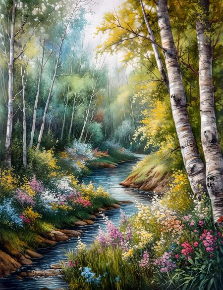 

Алмазная мозаика без подрамника Лесной ручей, 90x70 см, 30 цветов, 62512, РА-215