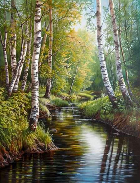 

Алмазная мозаика на подрамнике Ручей в березовом лесу, 40x30 см, 30 цветов, 62505, ПРА-214